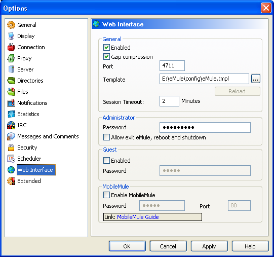 The web interface configuration screen